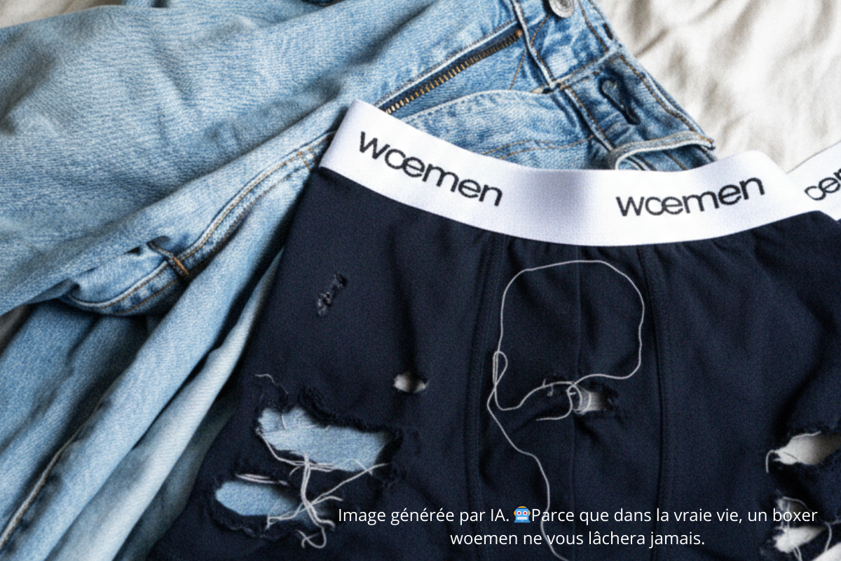 Illustration humoristique d'un boxer troué par IA pour comparer avec la durabilité et la qualité du coton bio woemen.